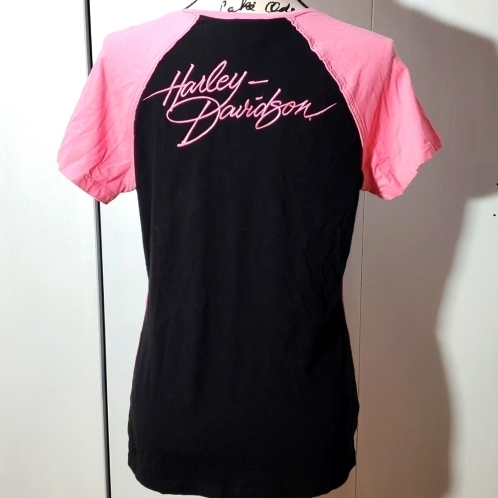 Harley Davidson- Pink & Black Biker Top Short Sleeve Logo Sz.Large